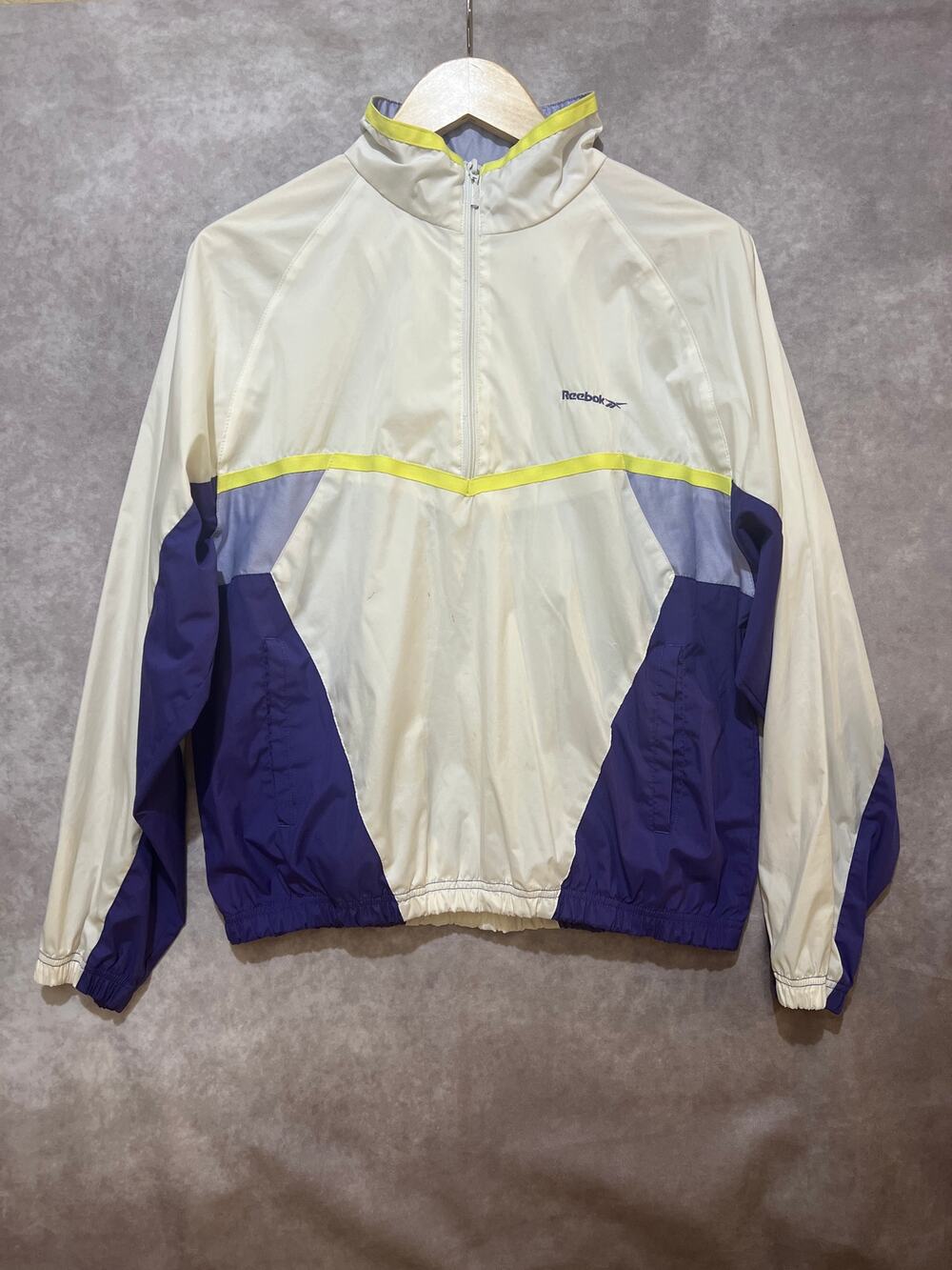VINTAGE 80s/90s Reebok Women's 1/4 Zip Windbreaker White Purple Neon size L